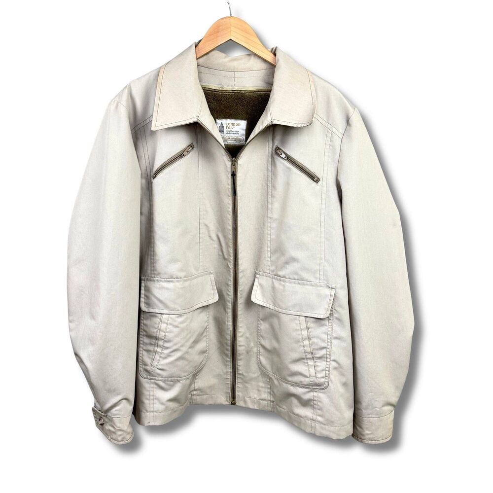 Vintage London Fog Coat Men's Size 48 Long Jacket Beige Zip-In Pile Liner Warm